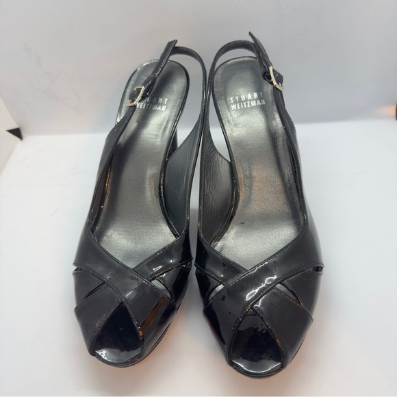 Stuwart Weitzman Slingback Peeptoe Black Patent Leather Heels Size 8M - Picture 2 of 16